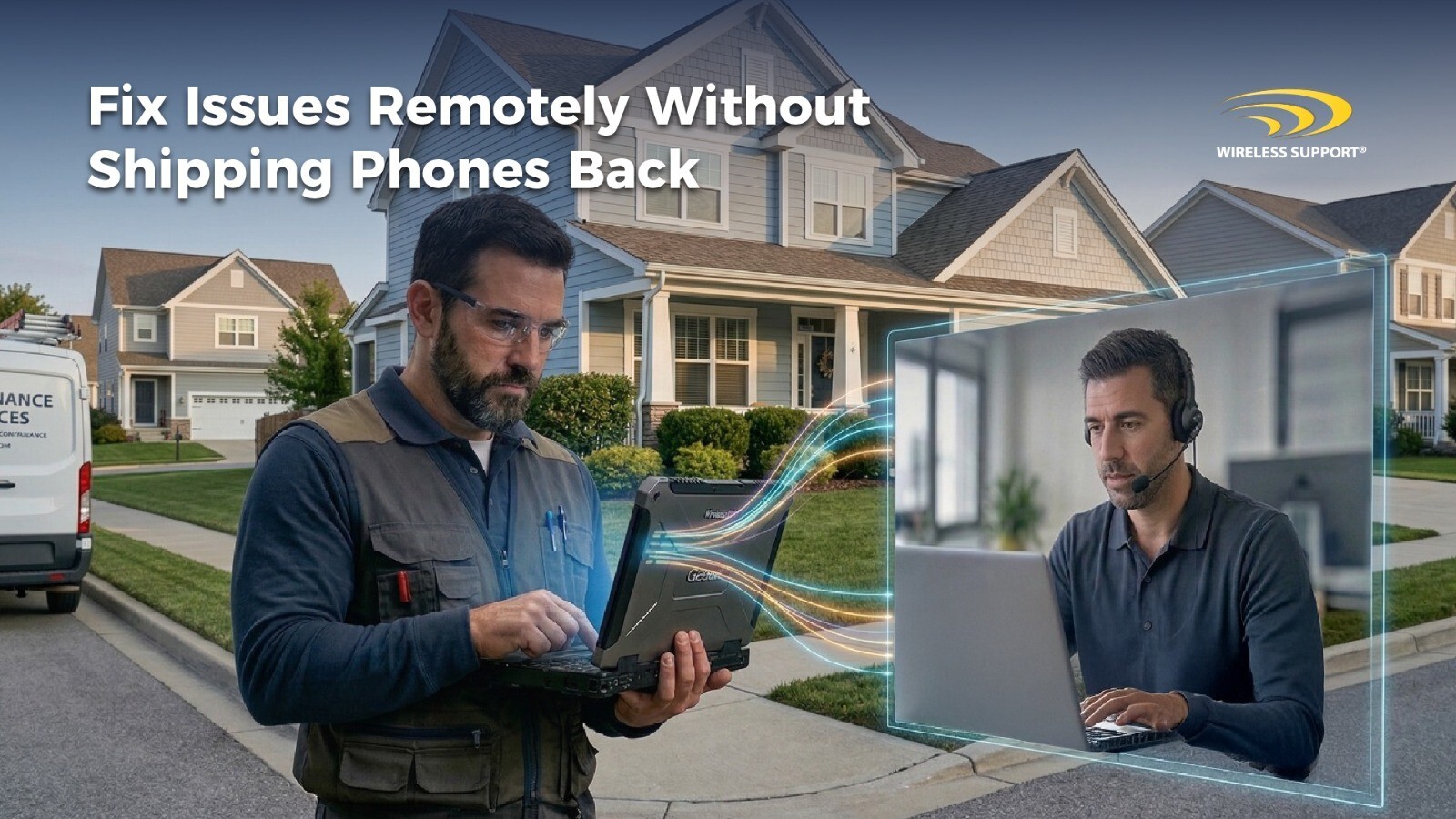 home service tech looking at wireless device with technical support remotely helping him