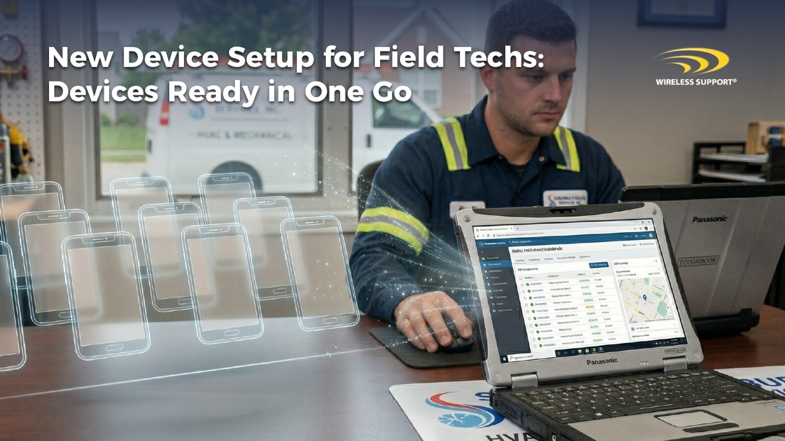 hvac tech with new wireless device being set up