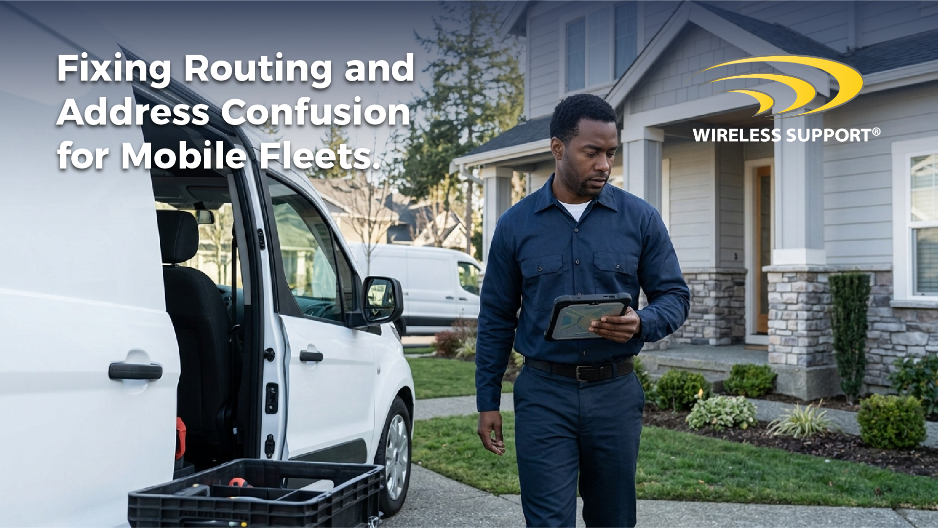 fleet driver with tablet with title saying Fixing Routing and Address Confusion for Mobile Fleets