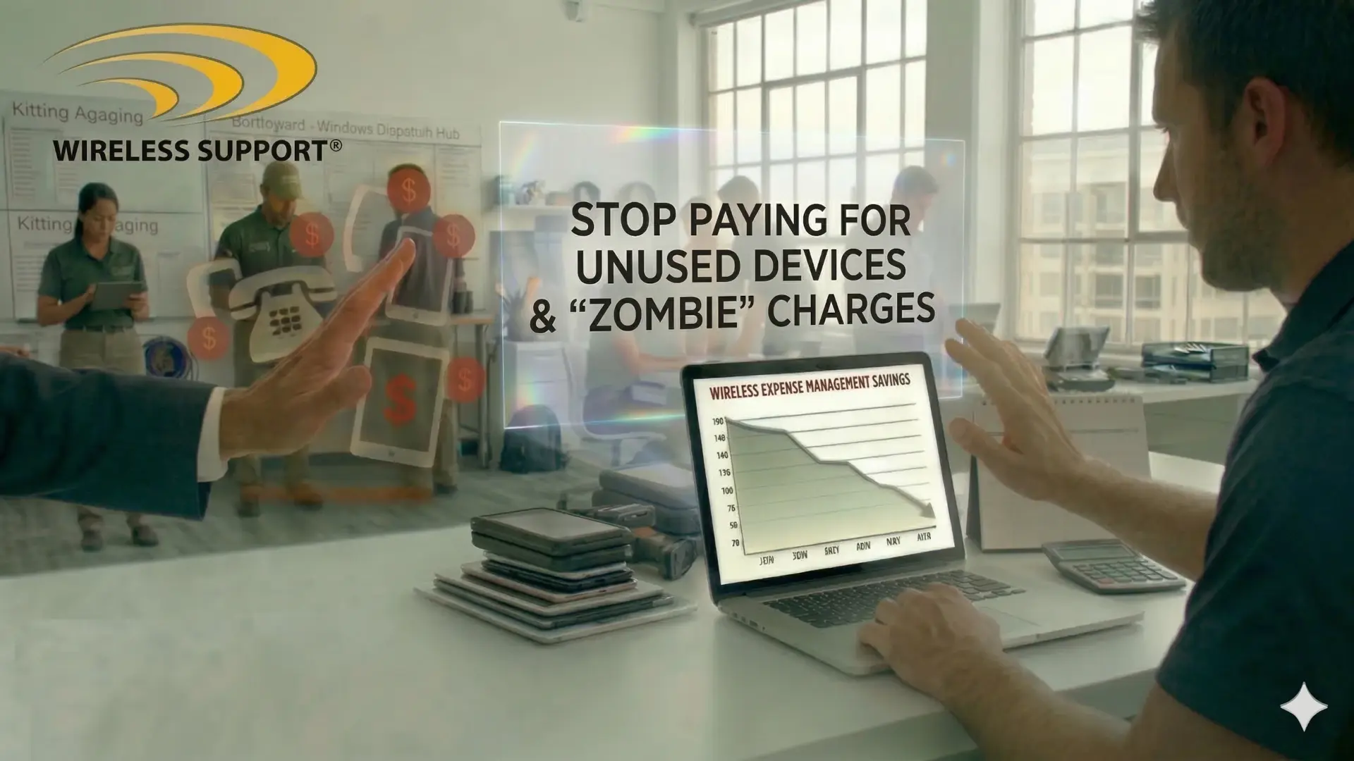 fleet manager examining overage charges on a spreadsheet with multiple employees in the background
